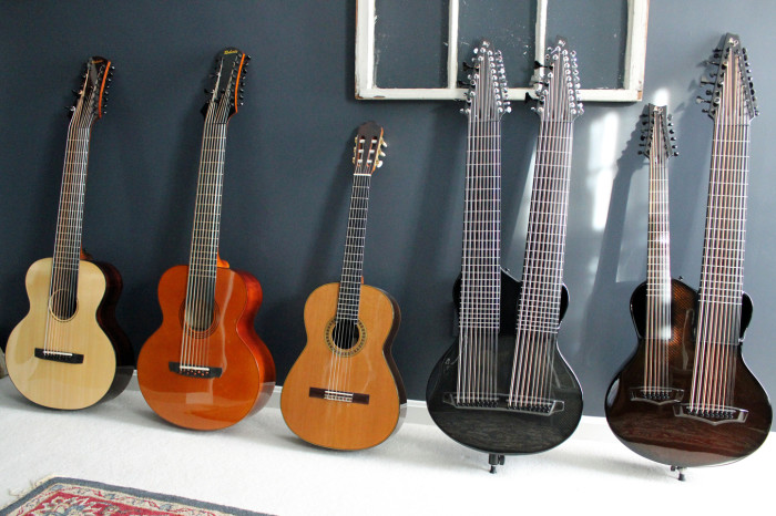 Kevin Kastning's KK Series custom stringed instruments and his Cervantes Rodriguez classical guitar.